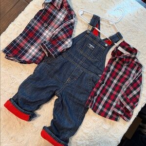 OshKosh B'gosh Overall with 2 button down shirts.